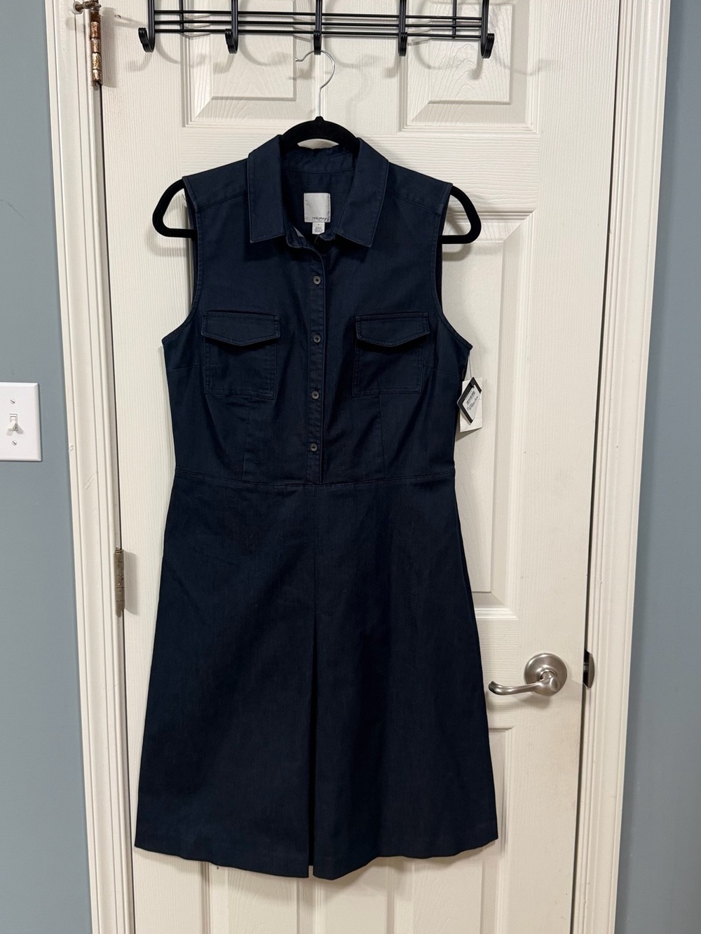 Sleeveless Denim Blue Dress Front Pleated Office Wear Career Cocktail